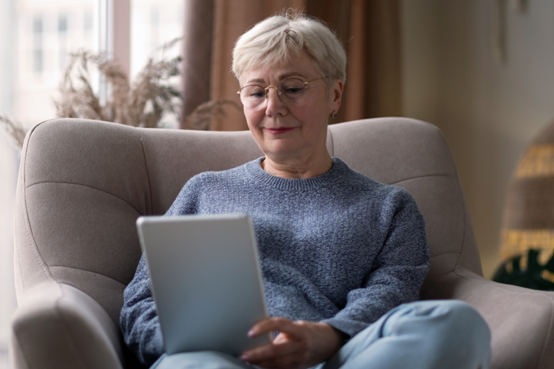 Elderly woman sitting in chair, using a tablet